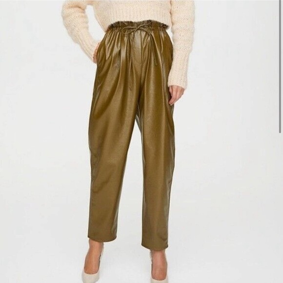 Wilfred Jive Pant Faux Leather Olive Green High Waist Paperbag Trouser - Picture 2 of 3